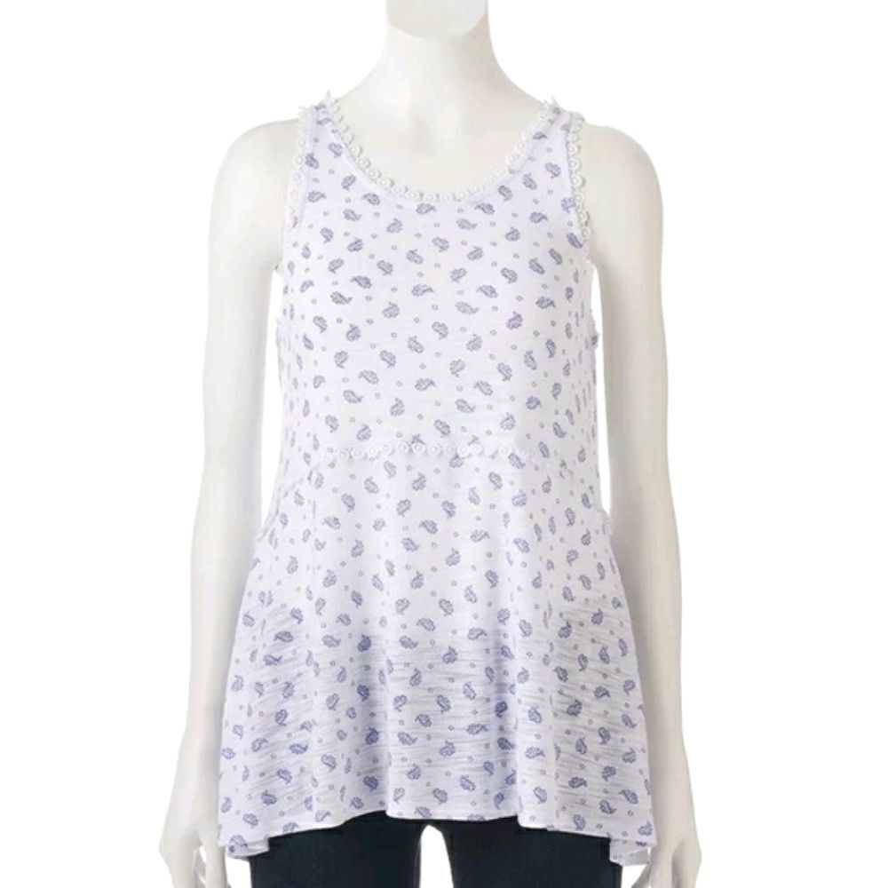 LAUREN Conrad LC Paisley Ultrasoft Knit Blue White Peplum Crochet Sleeve